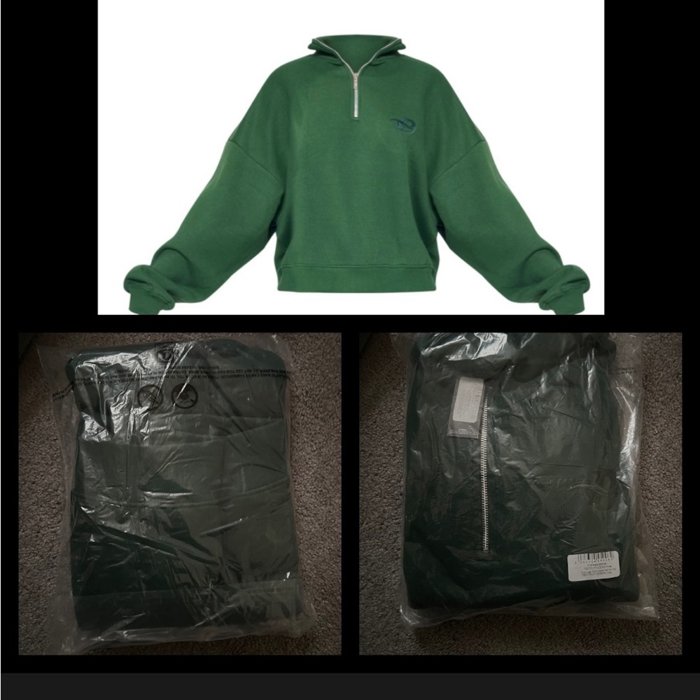 PRETTYLITTLETHING Forest Green Logo Embroidered Half Zip Sweatshirt SIZE SMALL